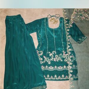 Teal Embroidered Outfit with Dupatta Indian suit 3 piece set